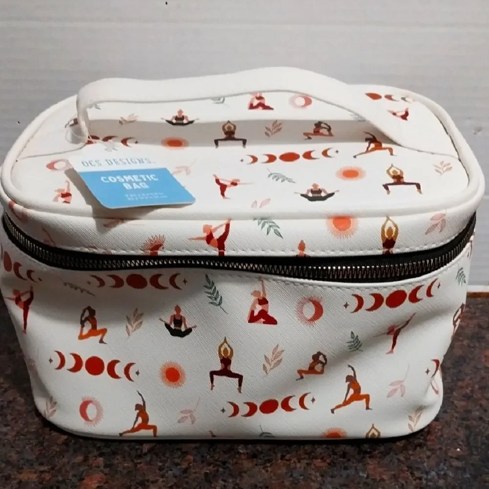 Large White Yoga Pattern Cosmetic Bag